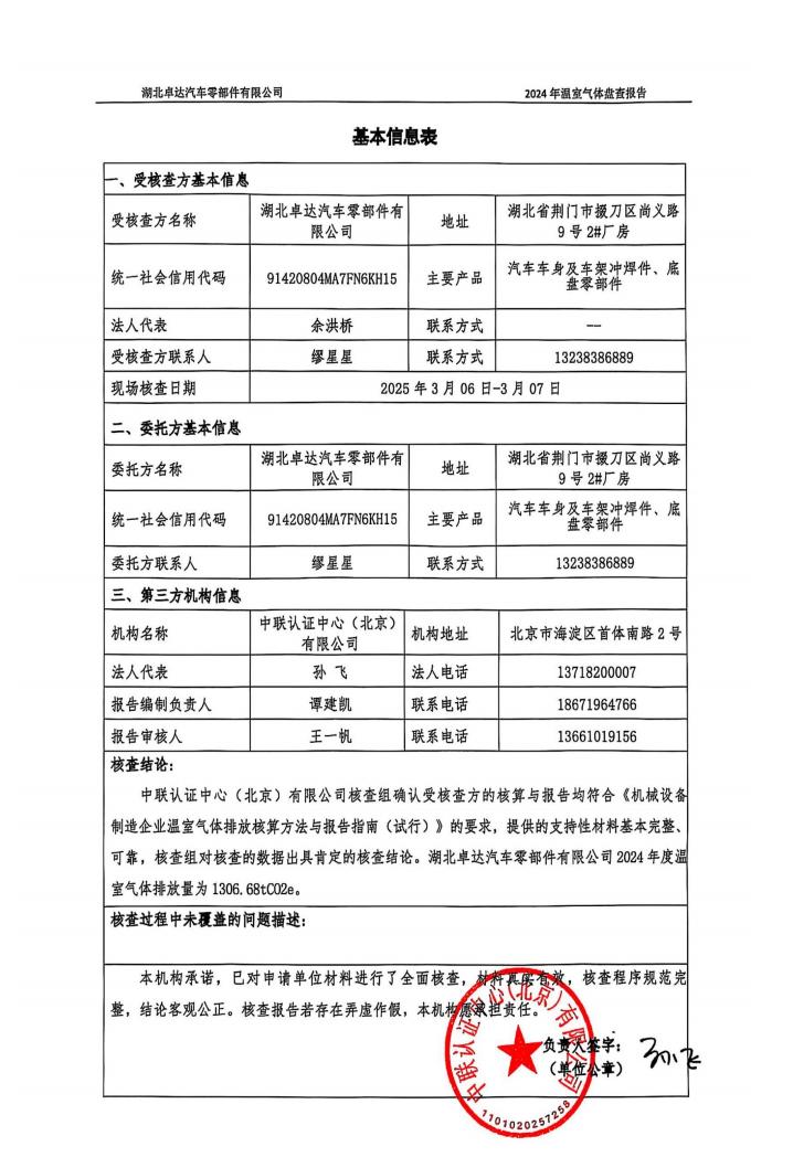 湖北卓达汽车零部件有限公司温室气体排放盘问报告-通知通告-广西汽车